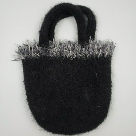 Handcrafted Small Tote Black and Gray Purse Hand Bag Wool Felt Artisanal 10" - Picture 1 of 11
